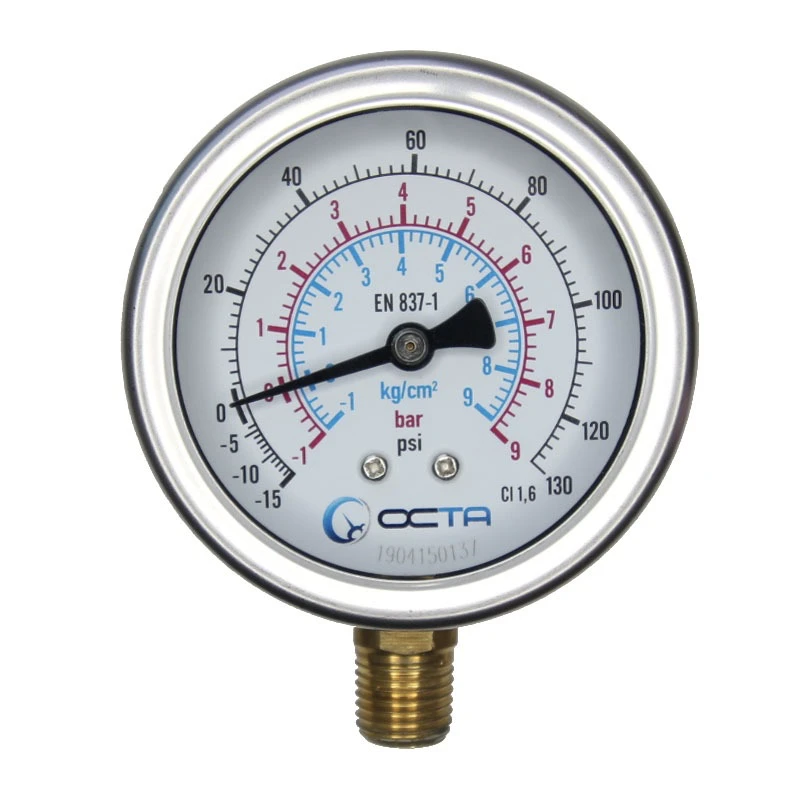 "OCTA" Pressure Gauge GB-63 Brass Bottom -1 to 9 bar